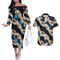 Puakenikeni Maile Lei Couples Matching Off The Shoulder Long Sleeve Dress and Hawaiian Shirt Frangipani Blue Tropical Leaves