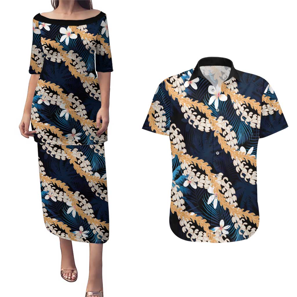 Puakenikeni Maile Lei Couples Matching Puletasi and Hawaiian Shirt Frangipani Blue Tropical Leaves