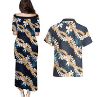 Puakenikeni Maile Lei Couples Matching Puletasi and Hawaiian Shirt Frangipani Blue Tropical Leaves