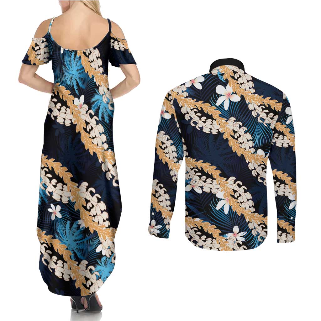 Puakenikeni Maile Lei Couples Matching Summer Maxi Dress and Long Sleeve Button Shirt Frangipani Blue Tropical Leaves
