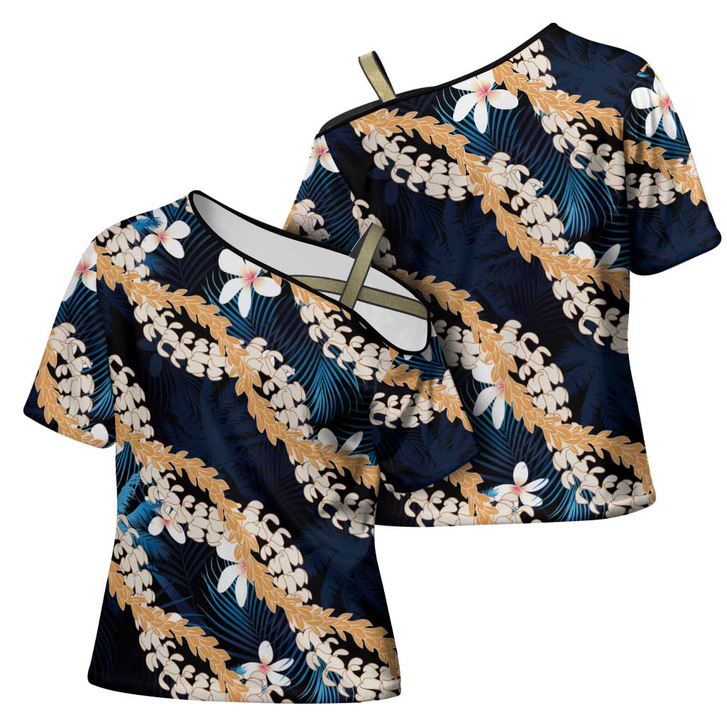 Puakenikeni Maile Lei Cross Shoulder Shirt Frangipani Blue Tropical Leaves LT01 - Polynesian Pride
