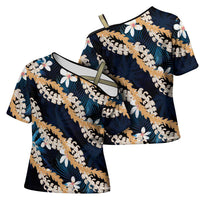 Puakenikeni Maile Lei Cross Shoulder Shirt Frangipani Blue Tropical Leaves LT01 - Polynesian Pride