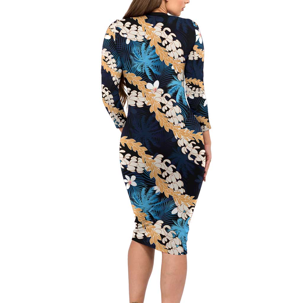 Puakenikeni Maile Lei Family Matching Long Sleeve Bodycon Dress and Hawaiian Shirt Frangipani Blue Tropical Leaves