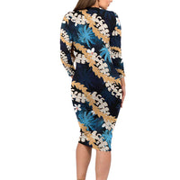 Puakenikeni Maile Lei Family Matching Long Sleeve Bodycon Dress and Hawaiian Shirt Frangipani Blue Tropical Leaves