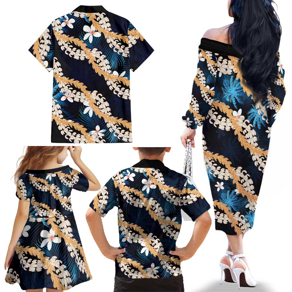 Puakenikeni Maile Lei Family Matching Off The Shoulder Long Sleeve Dress and Hawaiian Shirt Frangipani Blue Tropical Leaves