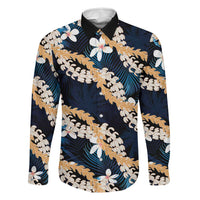 Puakenikeni Maile Lei Family Matching Off The Shoulder Long Sleeve Dress and Hawaiian Shirt Frangipani Blue Tropical Leaves