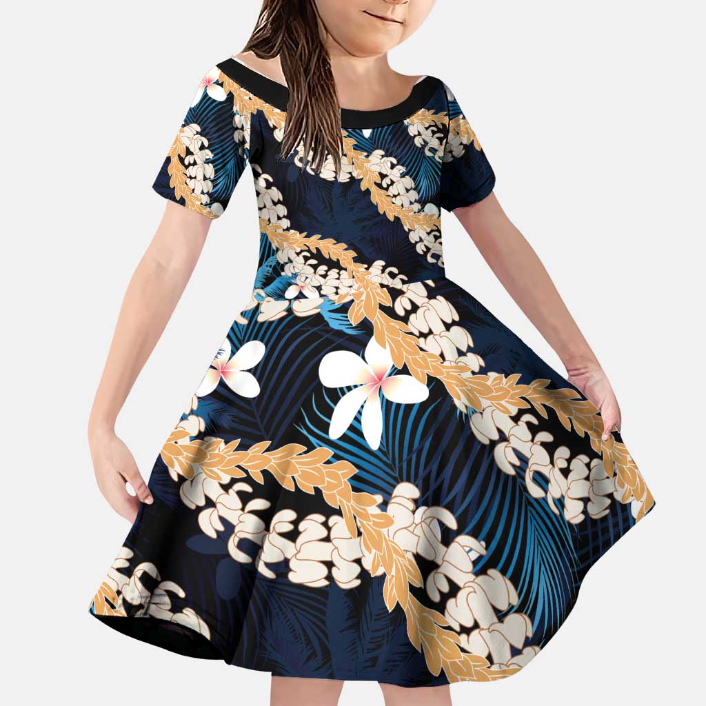 Puakenikeni Maile Lei Family Matching Off Shoulder Maxi Dress and Hawaiian Shirt Frangipani Blue Tropical Leaves