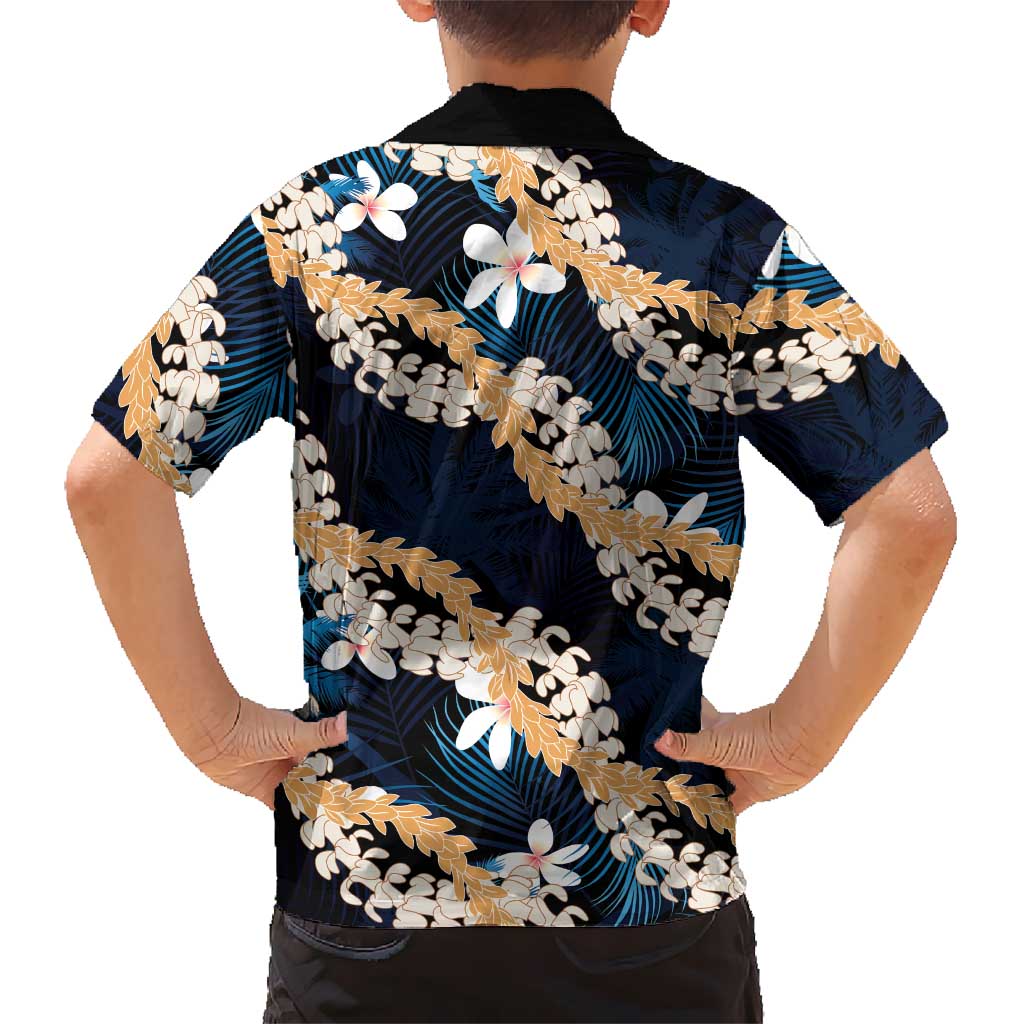 Puakenikeni Maile Lei Family Matching Short Sleeve Bodycon Dress and Hawaiian Shirt Frangipani Blue Tropical Leaves