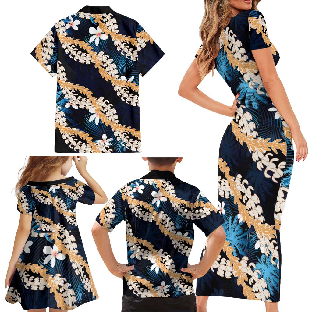 Puakenikeni Maile Lei Family Matching Short Sleeve Bodycon Dress and Hawaiian Shirt Frangipani Blue Tropical Leaves