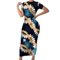 Puakenikeni Maile Lei Family Matching Short Sleeve Bodycon Dress and Hawaiian Shirt Frangipani Blue Tropical Leaves