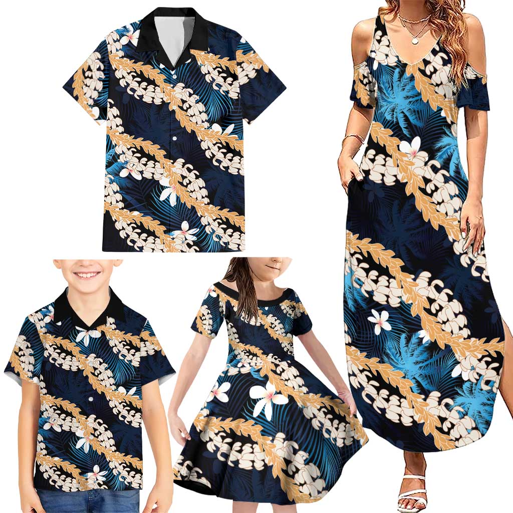 Puakenikeni Maile Lei Family Matching Summer Maxi Dress and Hawaiian Shirt Frangipani Blue Tropical Leaves