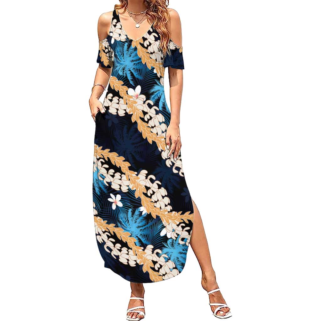 Puakenikeni Maile Lei Family Matching Summer Maxi Dress and Hawaiian Shirt Frangipani Blue Tropical Leaves