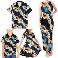 Puakenikeni Maile Lei Family Matching Tank Maxi Dress and Hawaiian Shirt Frangipani Blue Tropical Leaves