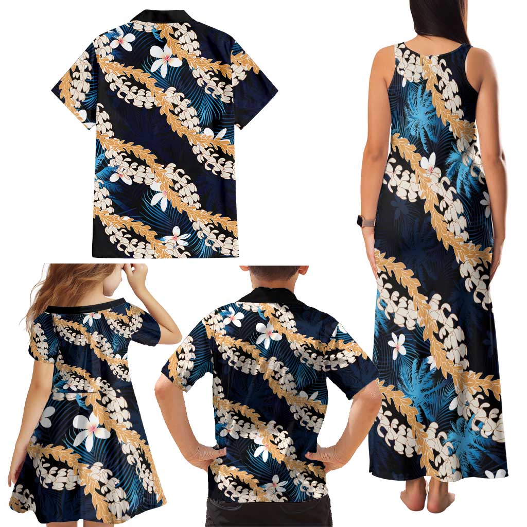 Puakenikeni Maile Lei Family Matching Tank Maxi Dress and Hawaiian Shirt Frangipani Blue Tropical Leaves