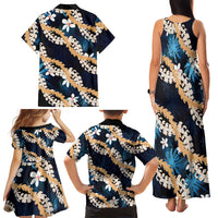 Puakenikeni Maile Lei Family Matching Tank Maxi Dress and Hawaiian Shirt Frangipani Blue Tropical Leaves