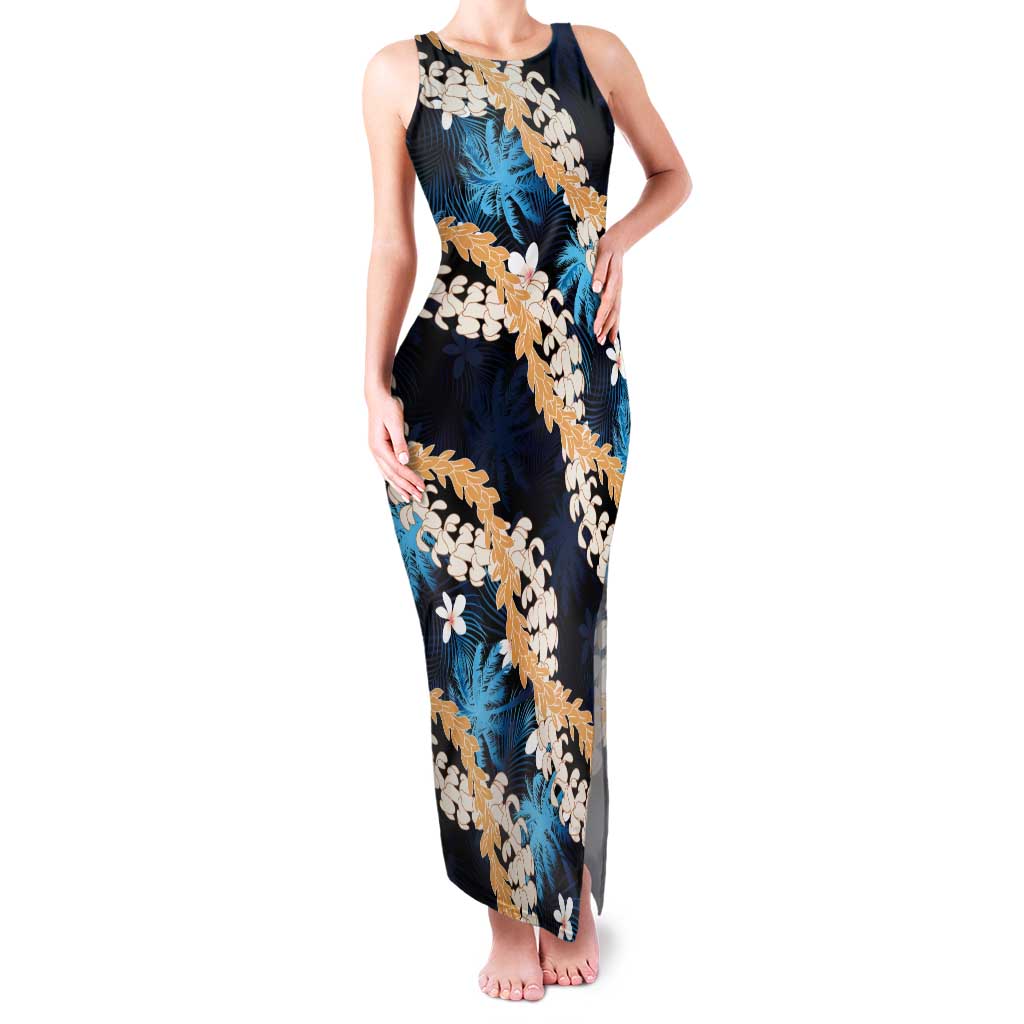 Puakenikeni Maile Lei Family Matching Tank Maxi Dress and Hawaiian Shirt Frangipani Blue Tropical Leaves
