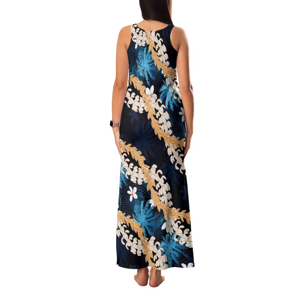 Puakenikeni Maile Lei Family Matching Tank Maxi Dress and Hawaiian Shirt Frangipani Blue Tropical Leaves