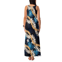Puakenikeni Maile Lei Family Matching Tank Maxi Dress and Hawaiian Shirt Frangipani Blue Tropical Leaves