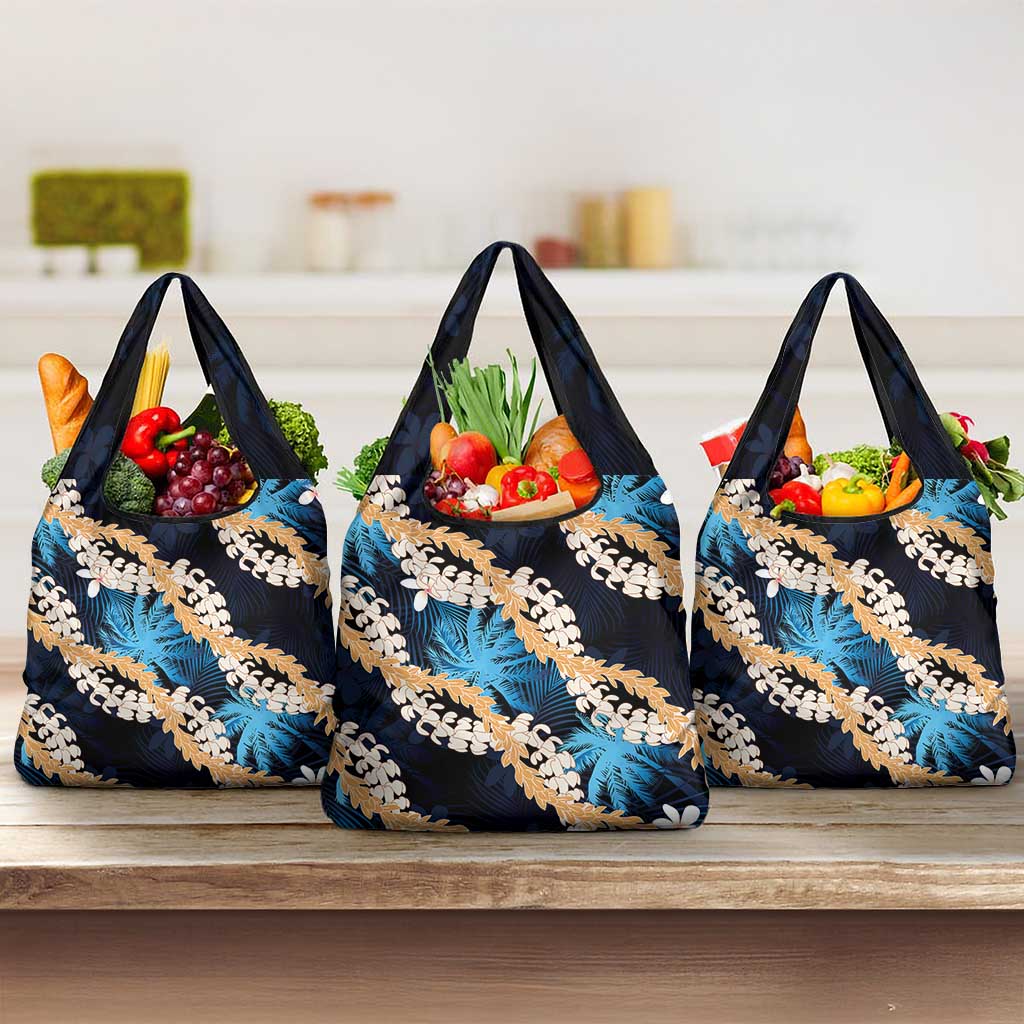 Puakenikeni Maile Lei Grocery Bag Frangipani Blue Tropical Leaves LT01 3-pack One Size Blue - Polynesian Pride