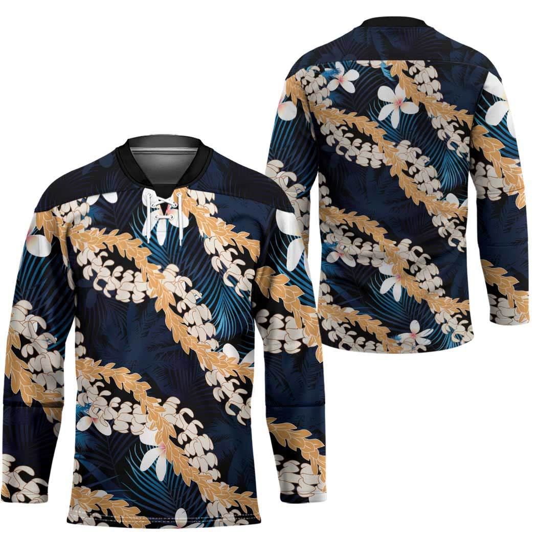 Puakenikeni Maile Lei Hockey Jersey Frangipani Blue Tropical Leaves LT01 - Polynesian Pride