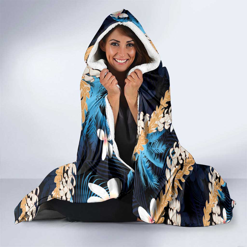 Puakenikeni Maile Lei Hooded Blanket Frangipani Blue Tropical Leaves LT01 - Polynesian Pride