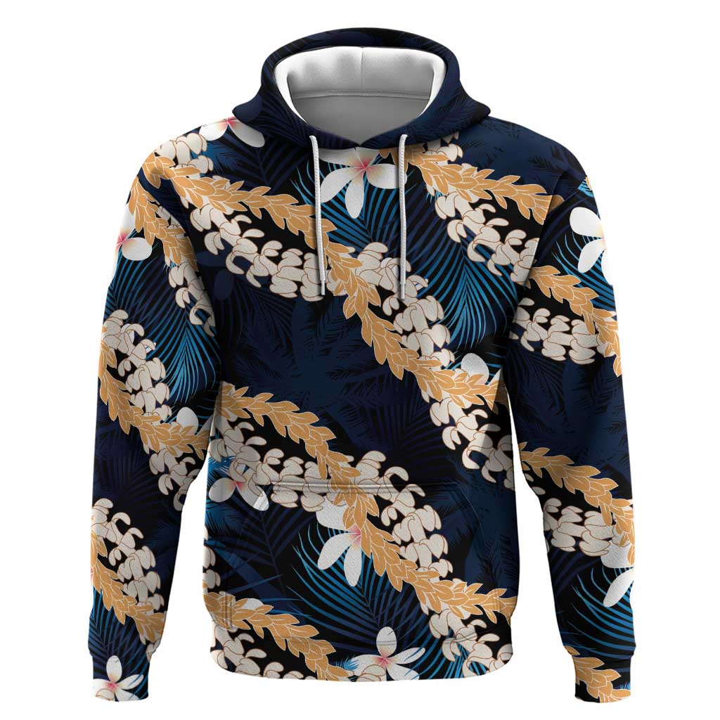 Puakenikeni Maile Lei Hoodie Frangipani Blue Tropical Leaves LT01 Pullover Hoodie Blue - Polynesian Pride