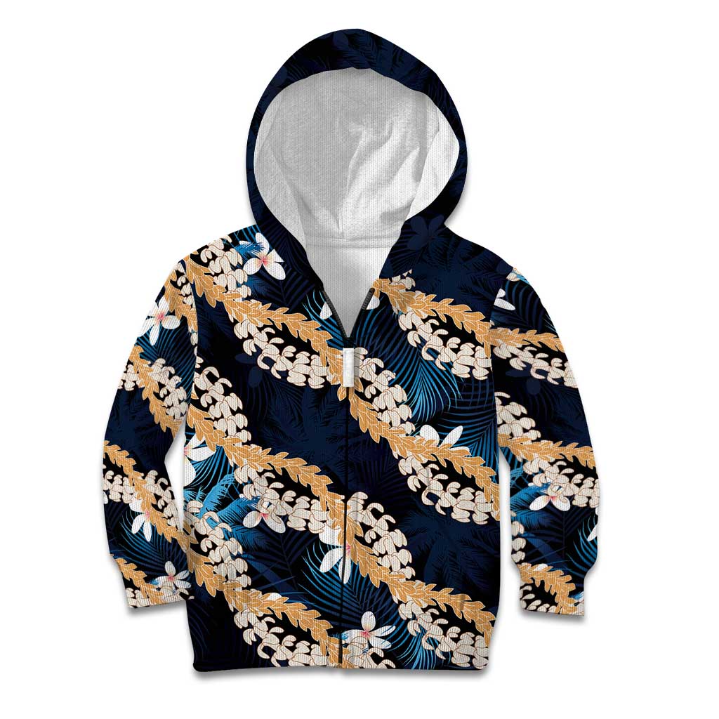 Puakenikeni Maile Lei Kid Hoodie Frangipani Blue Tropical Leaves LT01 Zip Hoodie Blue - Polynesian Pride