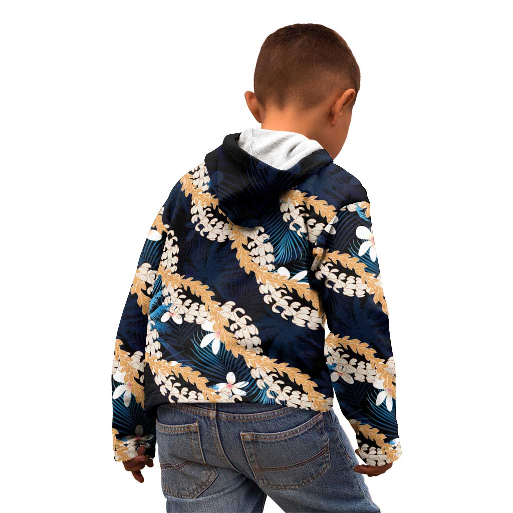 Puakenikeni Maile Lei Kid Hoodie Frangipani Blue Tropical Leaves LT01 - Polynesian Pride