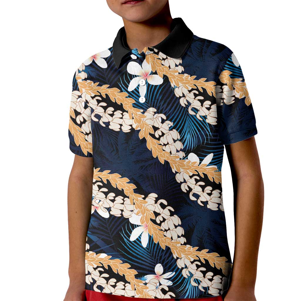 Puakenikeni Maile Lei Kid Polo Shirt Frangipani Blue Tropical Leaves LT01 Kid Blue - Polynesian Pride