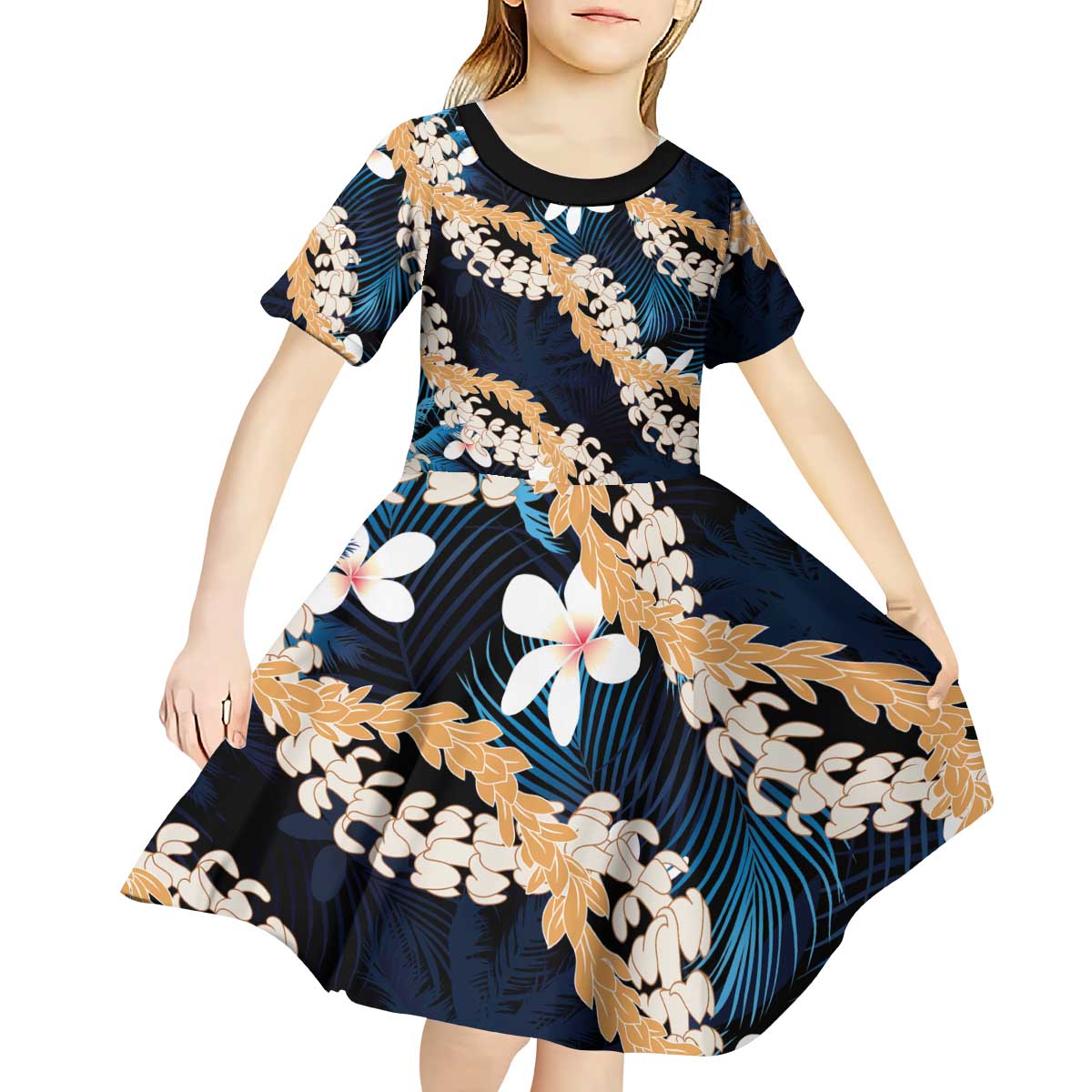 Puakenikeni Maile Lei Kid Short Sleeve Dress Frangipani Blue Tropical Leaves LT01 - Polynesian Pride