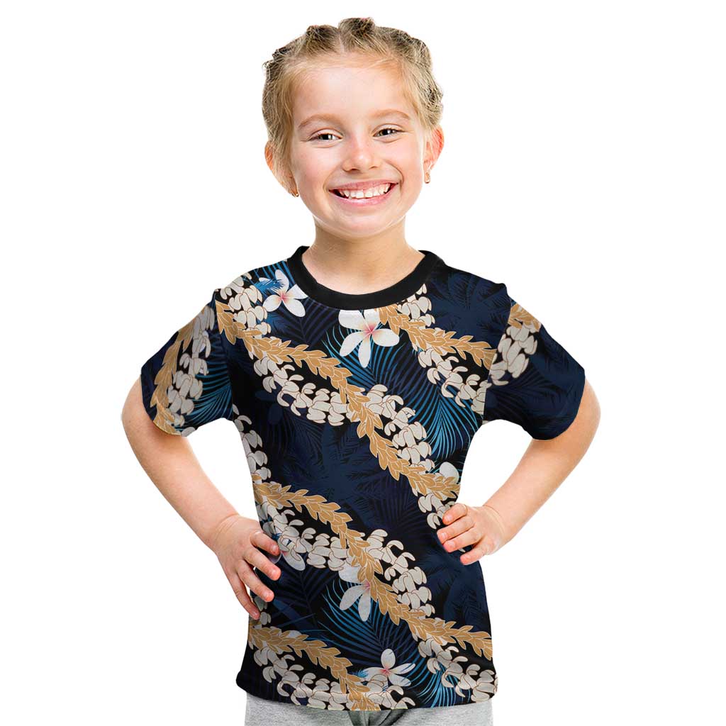 Puakenikeni Maile Lei Kid T Shirt Frangipani Blue Tropical Leaves LT01 Blue - Polynesian Pride