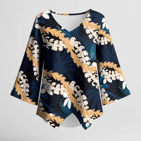 Puakenikeni Maile Lei Kimono Sleeve Blouse Frangipani Blue Tropical Leaves LT01 Female Blue - Polynesian Pride