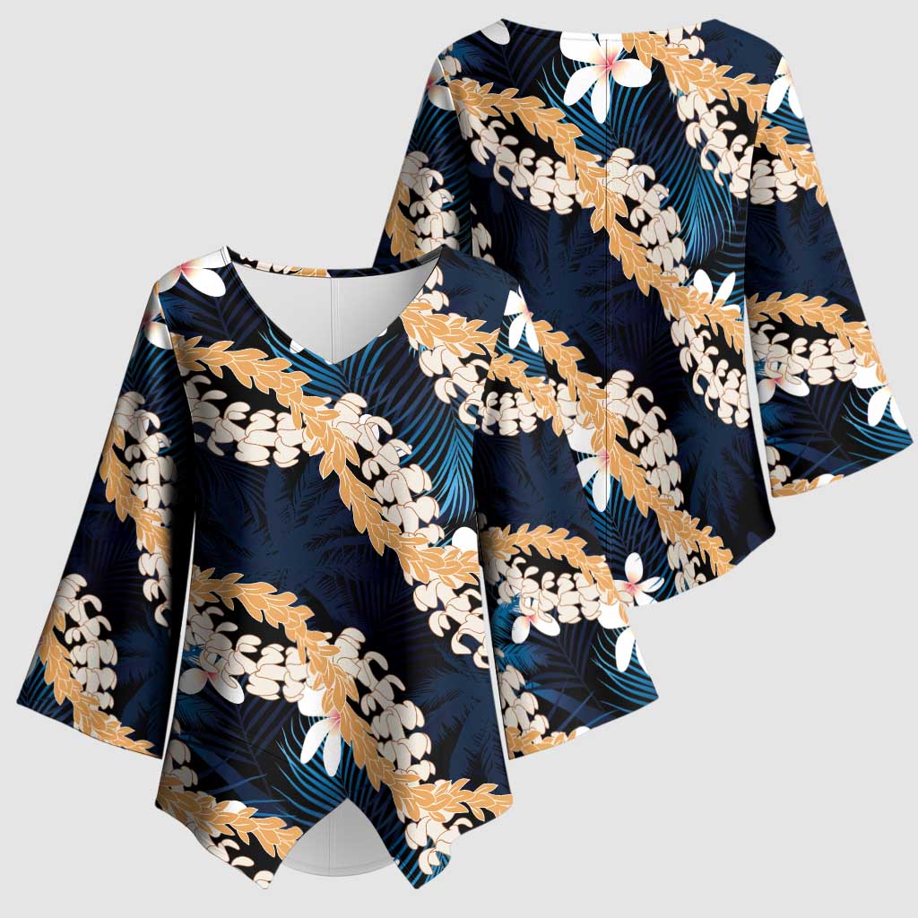 Puakenikeni Maile Lei Kimono Sleeve Blouse Frangipani Blue Tropical Leaves LT01 - Polynesian Pride