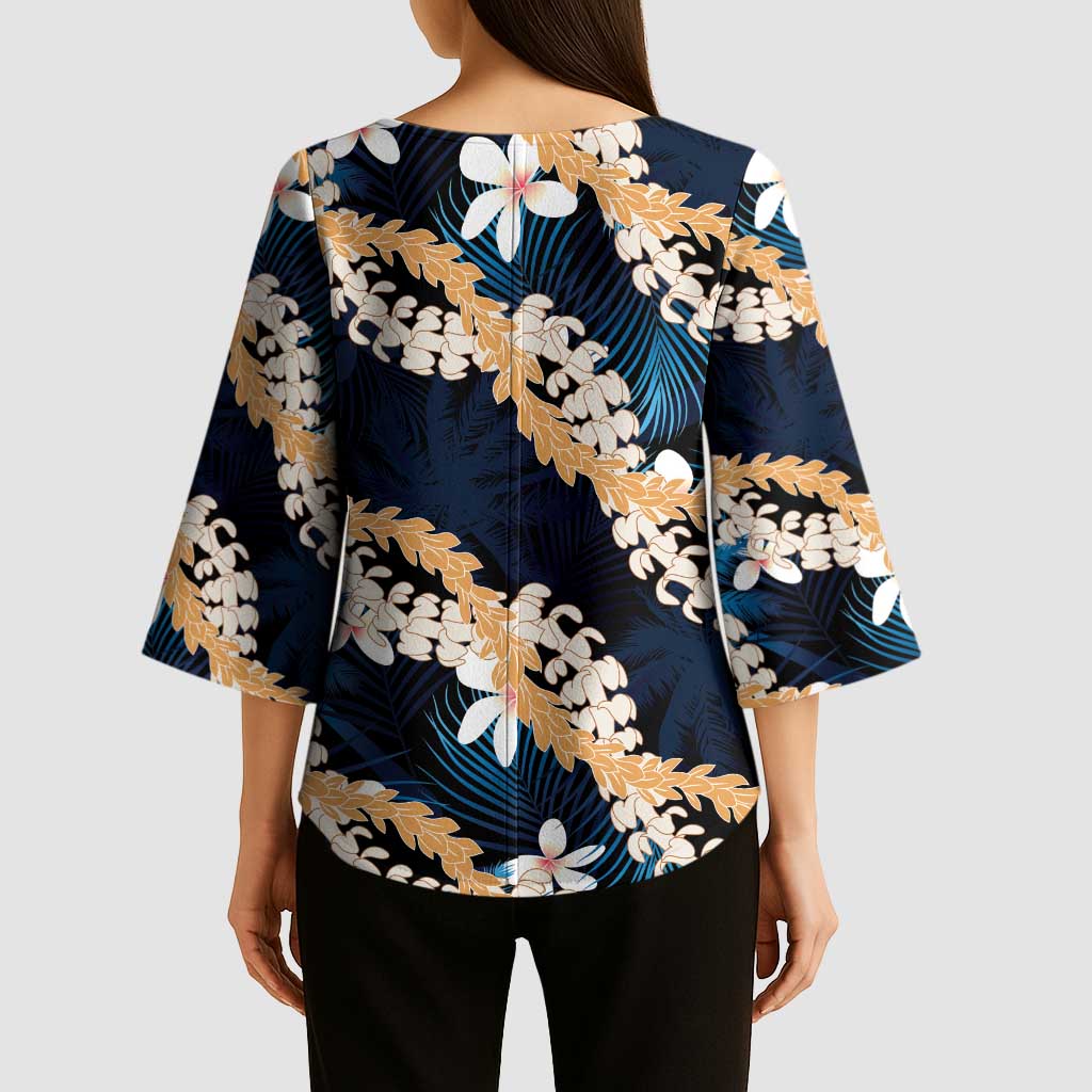 Puakenikeni Maile Lei Kimono Sleeve Blouse Frangipani Blue Tropical Leaves LT01 - Polynesian Pride