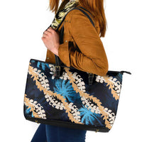 Puakenikeni Maile Lei Leather Tote Bag Frangipani Blue Tropical Leaves LT01 Blue - Polynesian Pride
