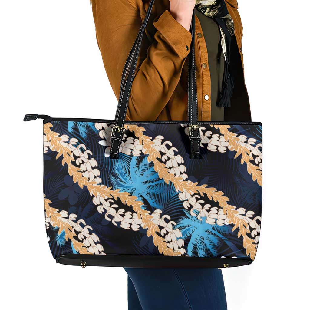 Puakenikeni Maile Lei Leather Tote Bag Frangipani Blue Tropical Leaves LT01 - Polynesian Pride