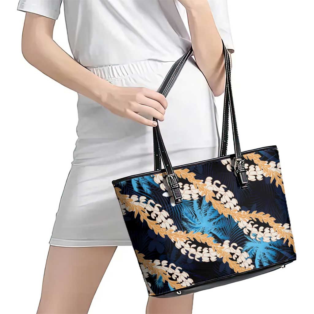 Puakenikeni Maile Lei Leather Tote Bag Frangipani Blue Tropical Leaves LT01 - Polynesian Pride
