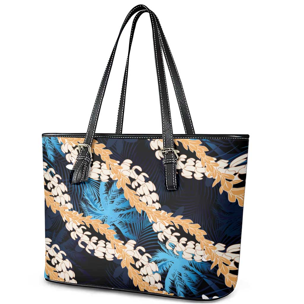 Puakenikeni Maile Lei Leather Tote Bag Frangipani Blue Tropical Leaves LT01 - Polynesian Pride