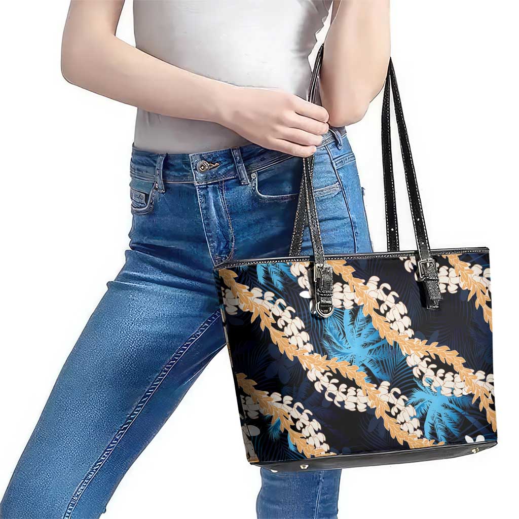 Puakenikeni Maile Lei Leather Tote Bag Frangipani Blue Tropical Leaves LT01 - Polynesian Pride