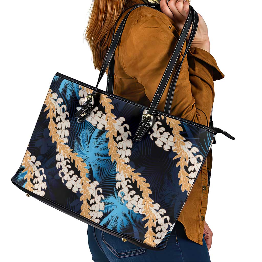 Puakenikeni Maile Lei Leather Tote Bag Frangipani Blue Tropical Leaves LT01 - Polynesian Pride