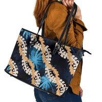 Puakenikeni Maile Lei Leather Tote Bag Frangipani Blue Tropical Leaves LT01 - Polynesian Pride