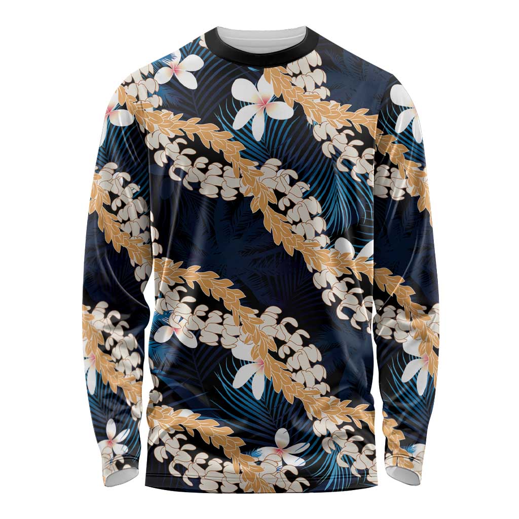 Puakenikeni Maile Lei Long Sleeve Shirt Frangipani Blue Tropical Leaves LT01 Unisex Blue - Polynesian Pride