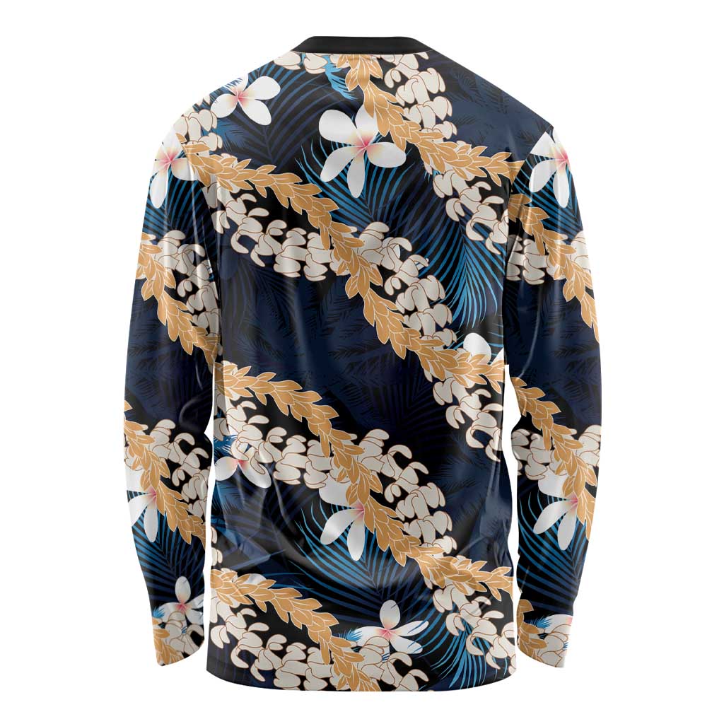 Puakenikeni Maile Lei Long Sleeve Shirt Frangipani Blue Tropical Leaves LT01 - Polynesian Pride