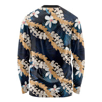 Puakenikeni Maile Lei Long Sleeve Shirt Frangipani Blue Tropical Leaves LT01 - Polynesian Pride