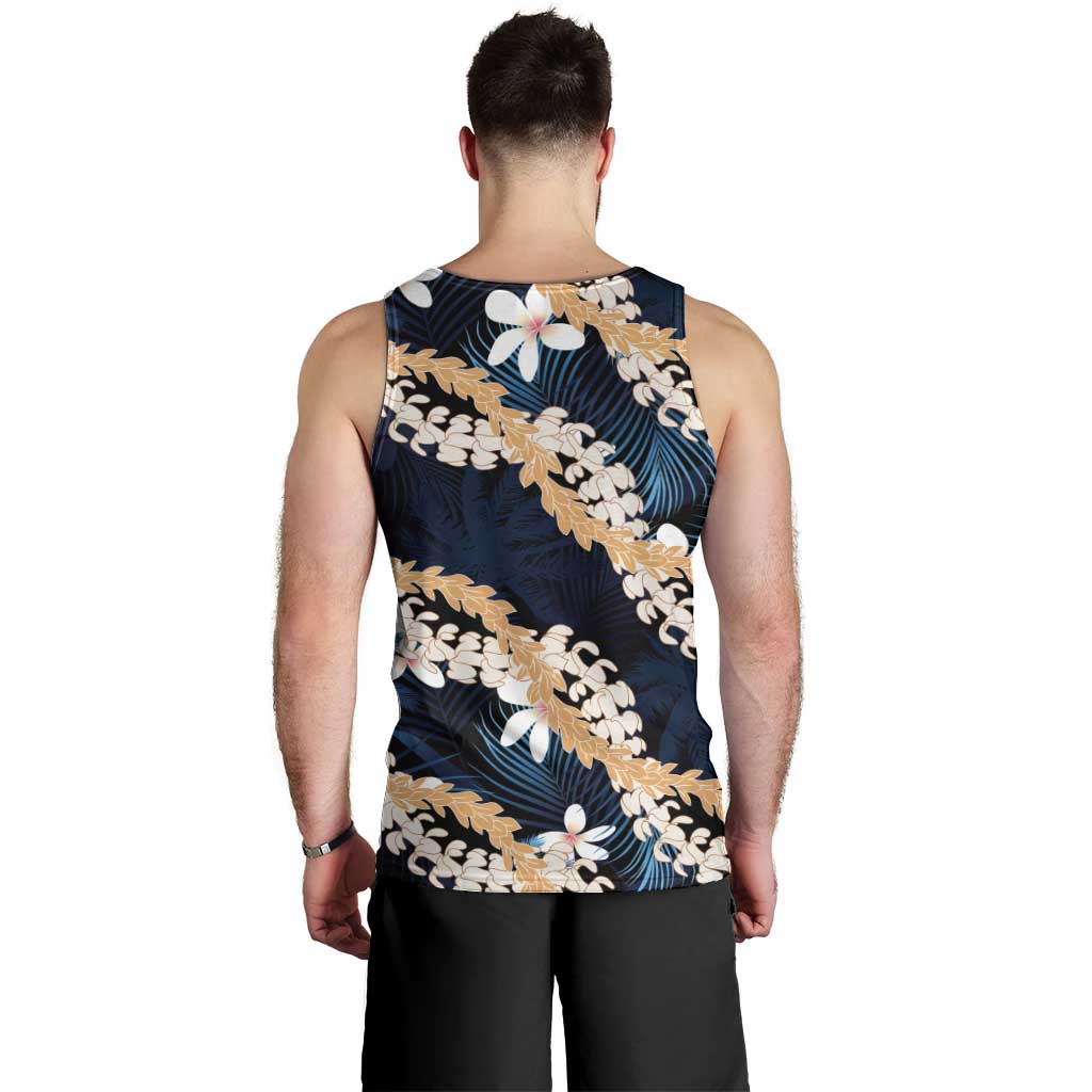 Puakenikeni Maile Lei Men Tank Top Frangipani Blue Tropical Leaves LT01 - Polynesian Pride