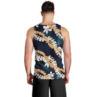Puakenikeni Maile Lei Men Tank Top Frangipani Blue Tropical Leaves LT01 - Polynesian Pride