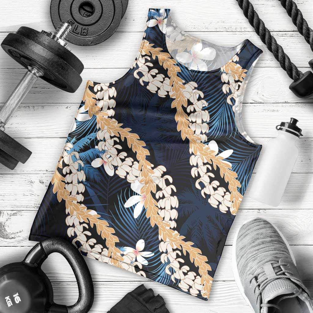 Puakenikeni Maile Lei Men Tank Top Frangipani Blue Tropical Leaves LT01 - Polynesian Pride