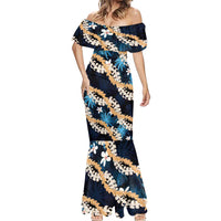Puakenikeni Maile Lei Mermaid Dress Frangipani Blue Tropical Leaves LT01 - Polynesian Pride