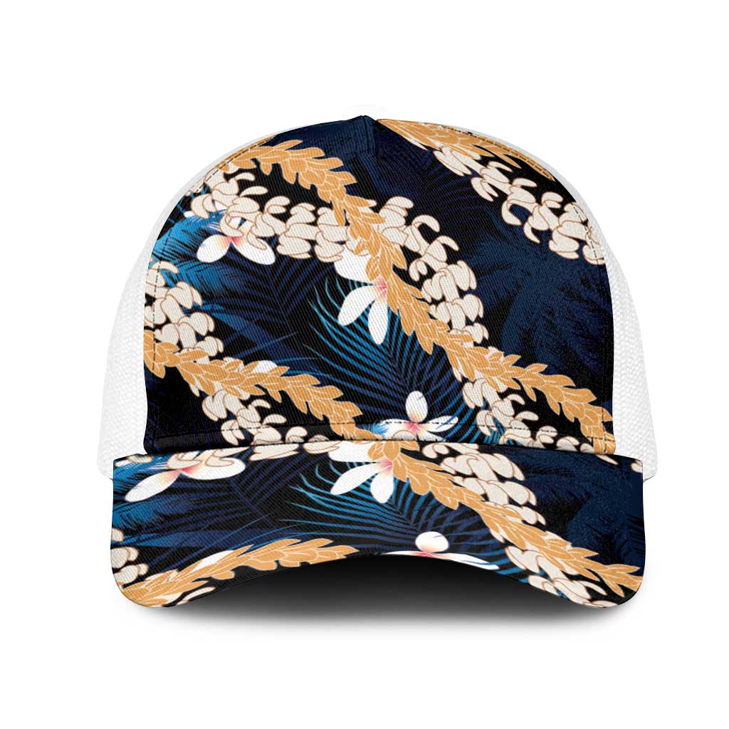 Puakenikeni Maile Lei Mesh Trucker Cap Frangipani Blue Tropical Leaves