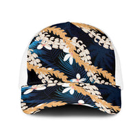 Puakenikeni Maile Lei Mesh Trucker Cap Frangipani Blue Tropical Leaves